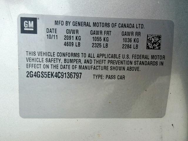 2G4GS5EK4C9136797 - 2012 BUICK REGAL PREM SILVER photo 10