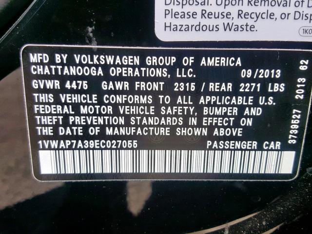 1VWAP7A39EC027055 - 2014 VOLKSWAGEN PASSAT S BLACK photo 10