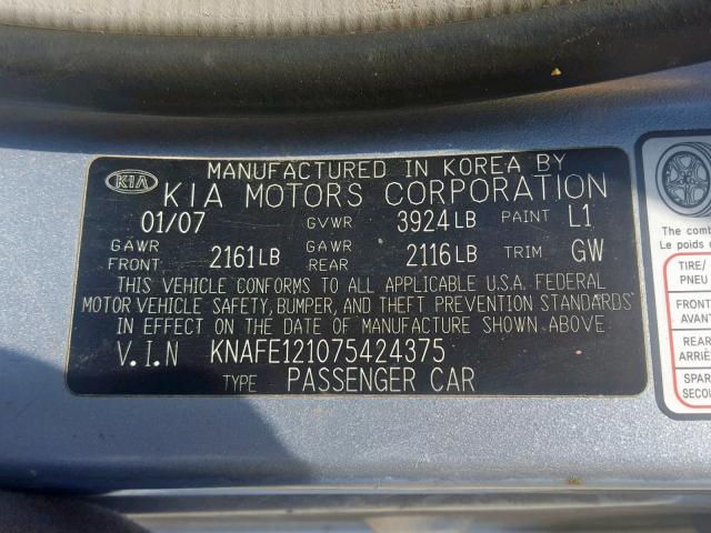 KNAFE121075424375 - 2007 KIA SPECTRA EX SILVER photo 10