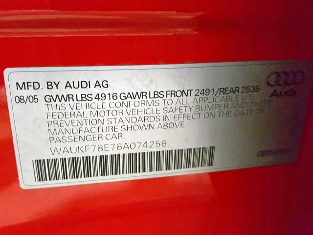 WAUKF78E76A074256 - 2006 AUDI A4 2.0T AV RED photo 10