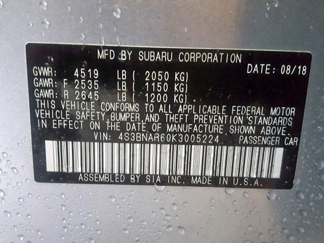 4S3BNAR60K3005224 - 2019 SUBARU LEGACY SPO SILVER photo 10