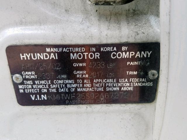 KMHWF25S92A672727 - 2002 HYUNDAI SONATA GL WHITE photo 10