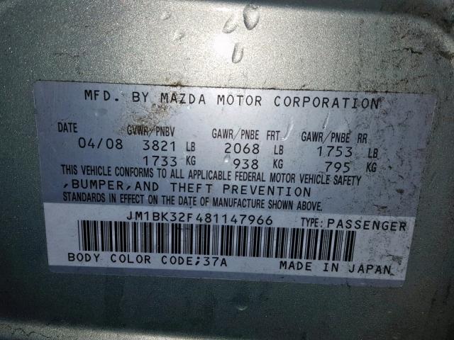 JM1BK32F481147966 - 2008 MAZDA 3 I SILVER photo 10