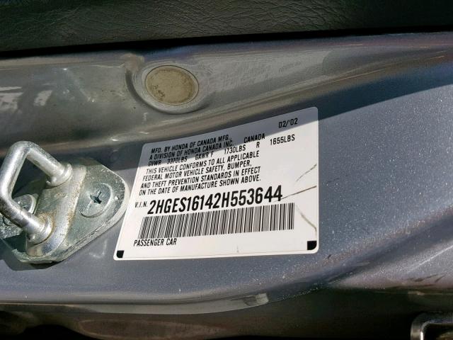 2HGES16142H553644 - 2002 HONDA CIVIC DX SILVER photo 10