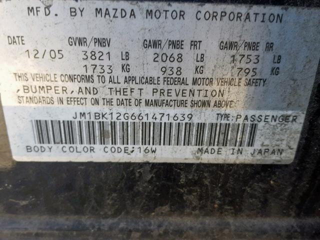 JM1BK12G661471639 - 2006 MAZDA 3 I BLACK photo 10