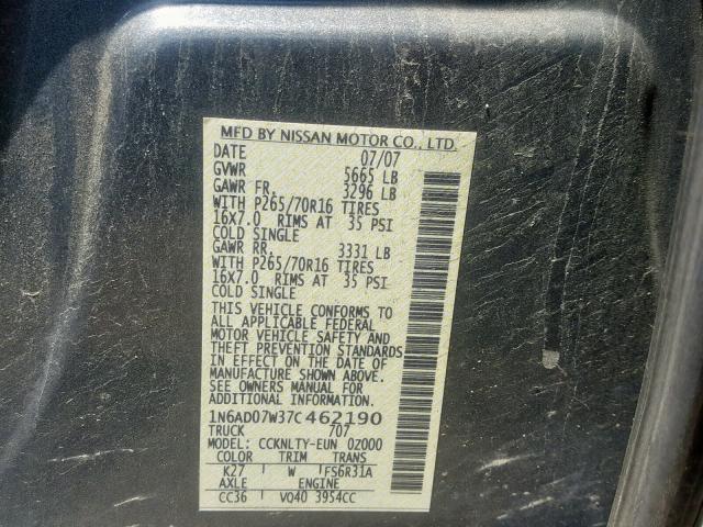 1N6AD07W37C462190 - 2007 NISSAN FRONTIER C GRAY photo 10