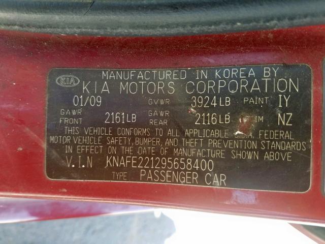 KNAFE221295658400 - 2009 KIA SPECTRA EX RED photo 10