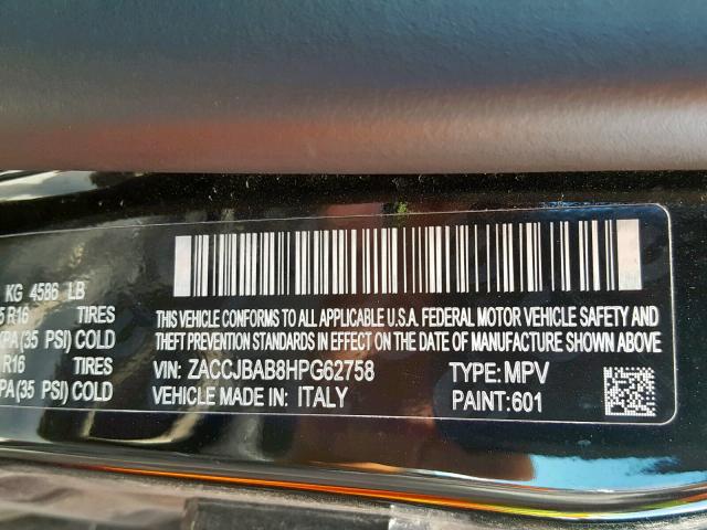 ZACCJBAB8HPG62758 - 2017 JEEP RENEGADE S შავი ფოტო 10