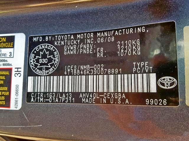 4T1BB46K39U078891 - 2009 TOYOTA CAMRY HYBR GRAY photo 9