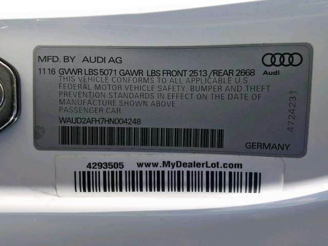 WAUD2AFH7HN004248 - 2017 AUDI A5 SPORT WHITE photo 10