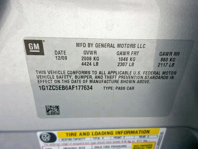 1G1ZC5EB6AF177634 - 2010 CHEVROLET MALIBU 1LT 银色 照片 10