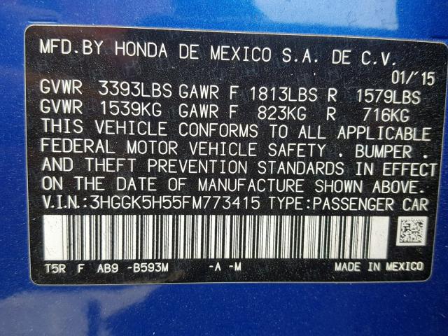 3HGGK5H55FM773415 - 2015 HONDA FIT LX BLUE photo 10