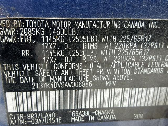 2T3YK4DV9AW006886 - 2010 TOYOTA RAV4 LIMIT BLUE photo 10