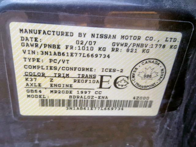 3N1AB61E77L669734 - 2007 NISSAN SENTRA 2.0 BROWN photo 10