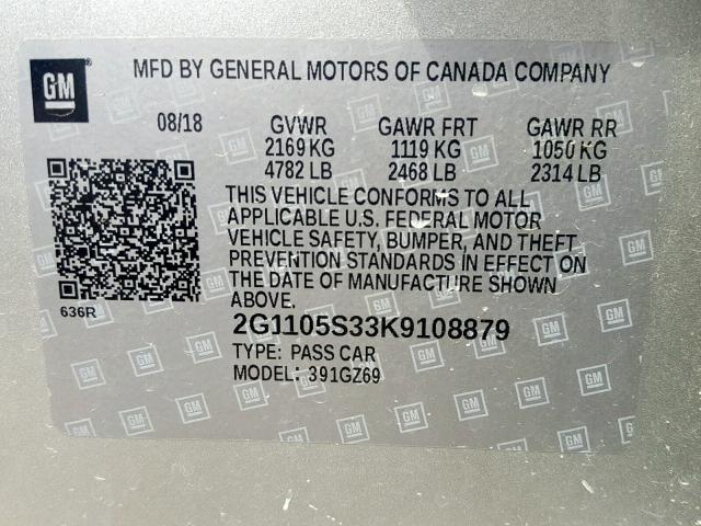 2G1105S33K9108879 - 2019 CHEVROLET IMPALA PRE SILVER photo 10