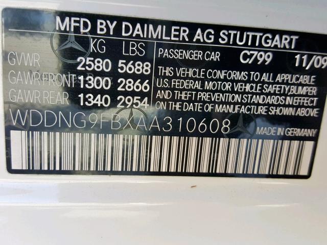 WDDNG9FBXAA310608 - 2010 MERCEDES-BENZ S 400 WHITE photo 10