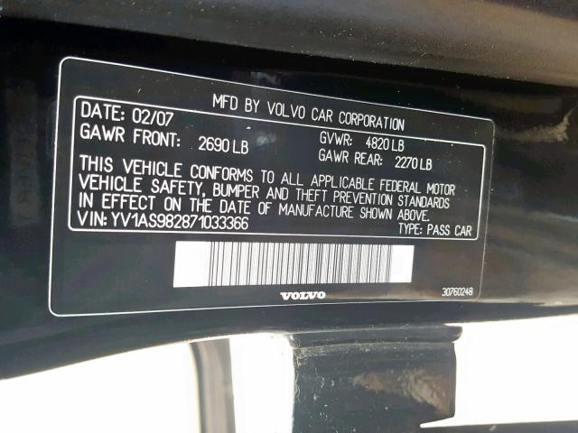 YV1AS982871033366 - 2007 VOLVO S80 3.2 BLACK photo 10