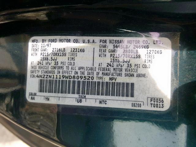 4N2ZN1119WD809520 - 1998 NISSAN QUEST XE GREEN photo 10