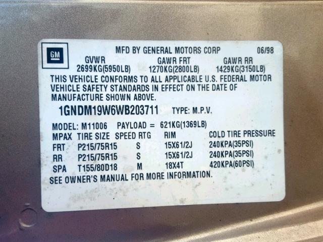 1GNDM19W6WB203711 - 1998 CHEVROLET ASTRO GOLD photo 10