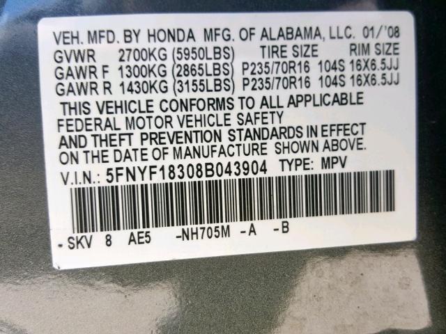 5FNYF18308B043904 - 2008 HONDA PILOT SE GRAY photo 10