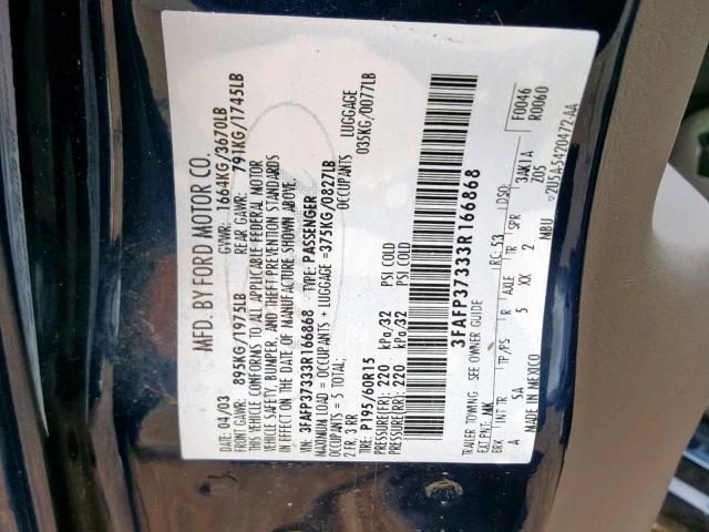 3FAFP37333R166868 - 2003 FORD FOCUS ZX5 BLUE photo 10