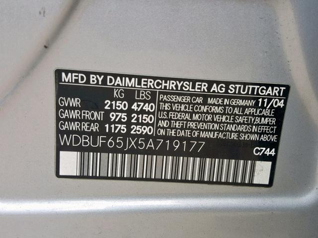 WDBUF65JX5A719177 - 2005 MERCEDES-BENZ E 320 SILVER photo 10