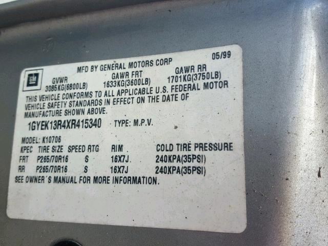 1GYEK13R4XR415340 - 1999 CADILLAC ESCALADE GOLD photo 10