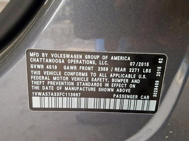 1VWAS7A3XFC113667 - 2015 VOLKSWAGEN PASSAT S GRAY photo 10