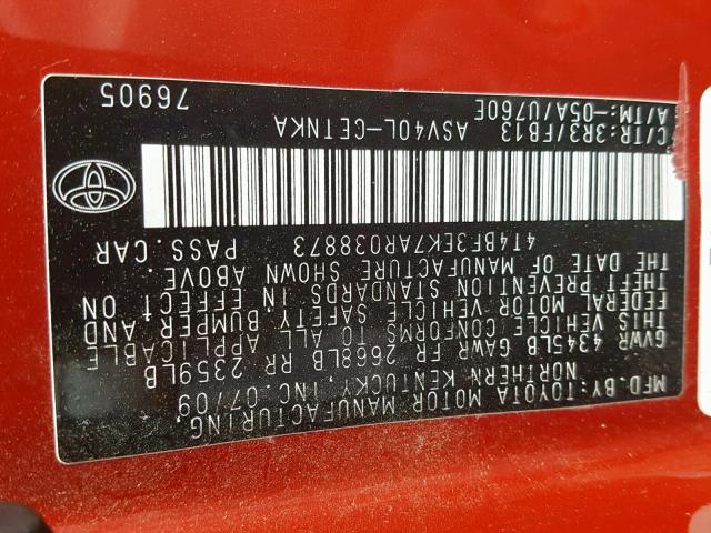 4T4BF3EK7AR038873 - 2010 TOYOTA CAMRY BASE RED photo 10