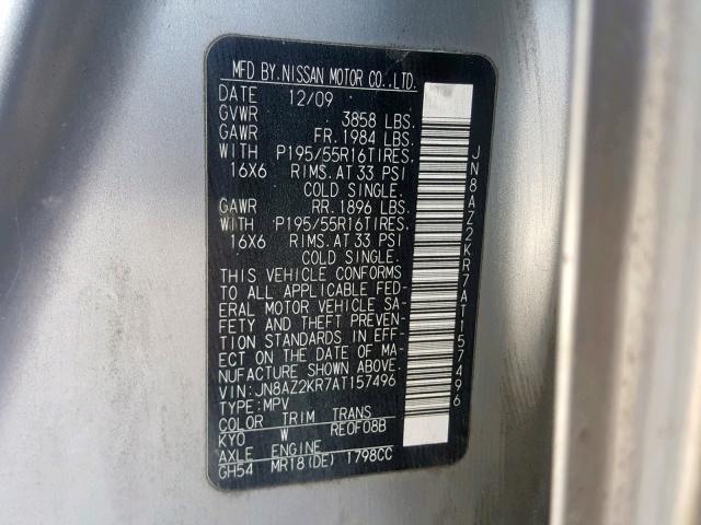 JN8AZ2KR7AT157496 - 2010 NISSAN CUBE BASE SILVER photo 10