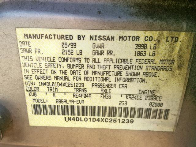 1N4DL01D4XC251239 - 1999 NISSAN ALTIMA XE SILVER photo 10