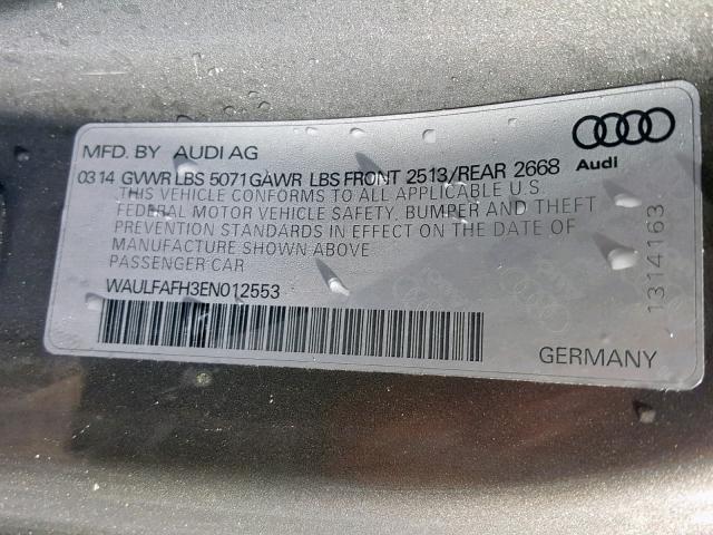 WAULFAFH3EN012553 - 2014 AUDI A5 PREMIUM GRAY photo 10