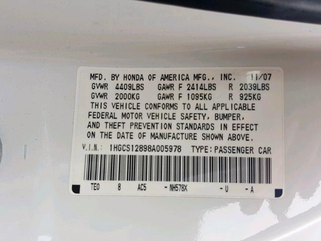 1HGCS12898A005978 - 2008 HONDA ACCORD EXL WHITE photo 10