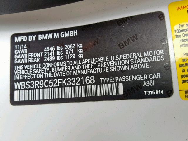 WBS3R9C52FK332168 - 2015 BMW M4 WHITE photo 10