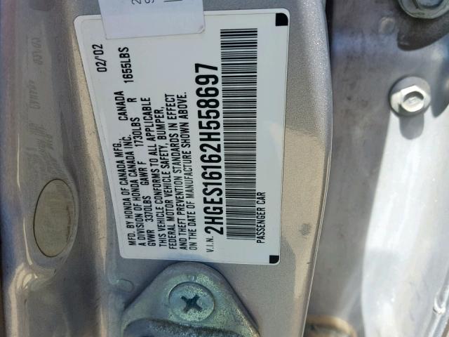 2HGES16162H558697 - 2002 HONDA CIVIC DX GRAY photo 10