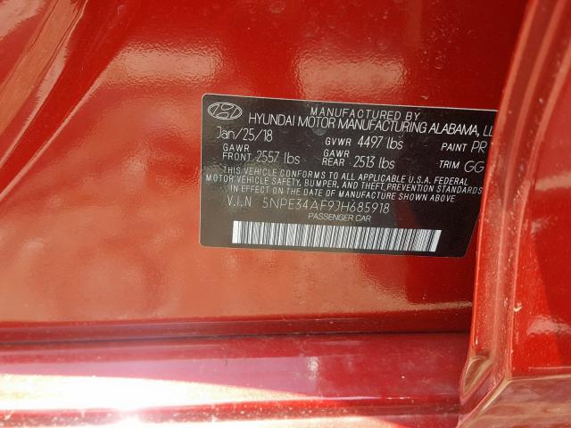 5NPE34AF9JH685918 - 2018 HYUNDAI SONATA SPO RED photo 10