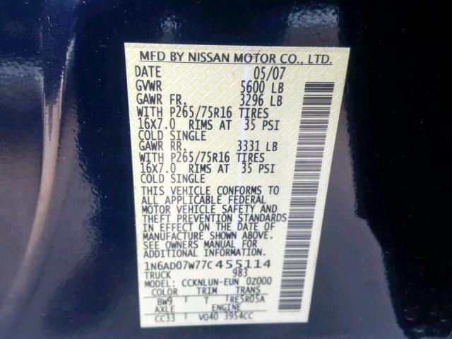 1N6AD07W77C455114 - 2007 NISSAN FRONTIER C BLUE photo 10