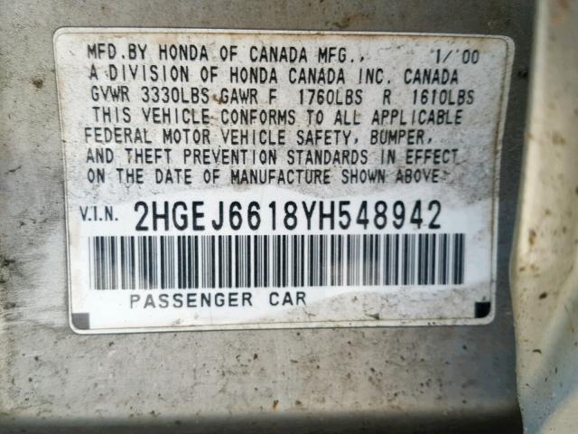 2HGEJ6618YH548942 - 2000 HONDA CIVIC BASE SILVER photo 10