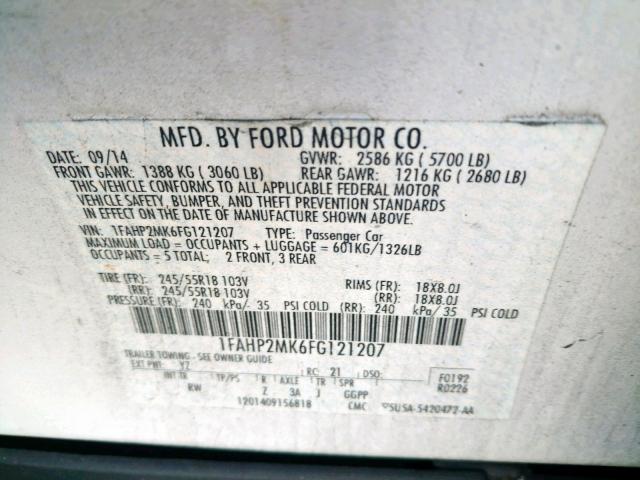 1FAHP2MK6FG121207 - 2015 FORD TAURUS POL WHITE photo 10