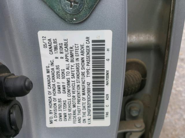 2HGFB2F93CH569142 - 2012 HONDA CIVIC EXL SILVER photo 10