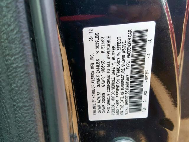 1HGCS1B83CA015978 - 2012 HONDA ACCORD EXL BLACK photo 10