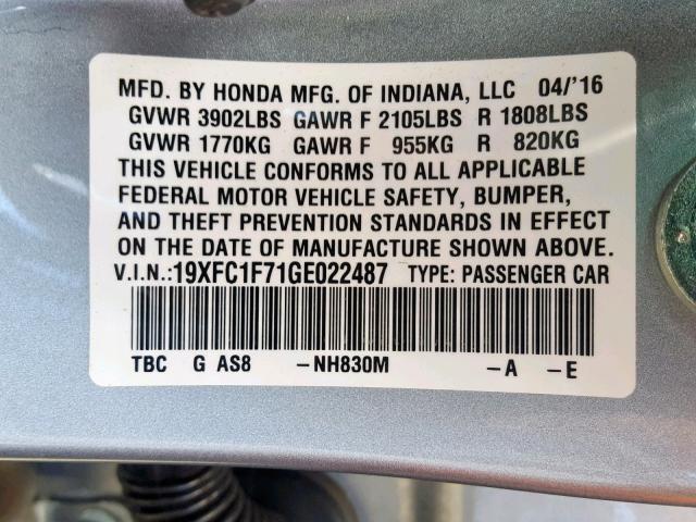 19XFC1F71GE022487 - 2016 HONDA CIVIC EXL 银色 照片 10