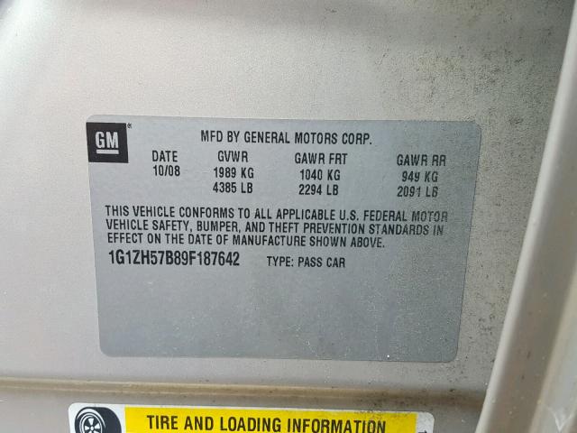 1G1ZH57B89F187642 - 2009 CHEVROLET MALIBU 1LT 米色 照片 10