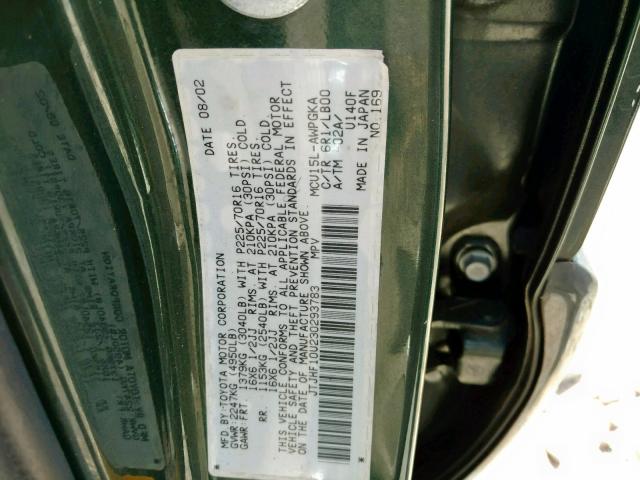 JTJHF10U230293783 - 2003 LEXUS RX 300 GREEN photo 10