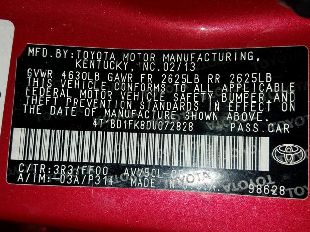 4T1BD1FK8DU072828 - 2013 TOYOTA CAMRY HYBR RED photo 10