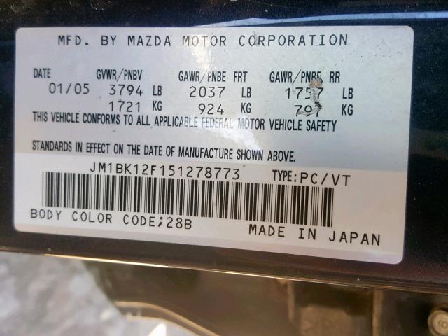 JM1BK12F151278773 - 2005 MAZDA 3 I BLACK photo 10