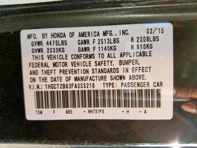 1HGCT2B83FA005216 - 2015 HONDA ACCORD EXL BLACK photo 10