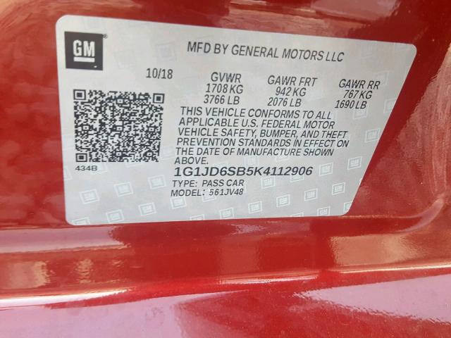 1G1JD6SB5K4112906 - 2019 CHEVROLET SONIC LT BURGUNDY photo 10