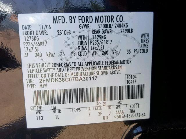 2FMDK36C07BA30117 - 2007 FORD EDGE SE BLACK photo 10