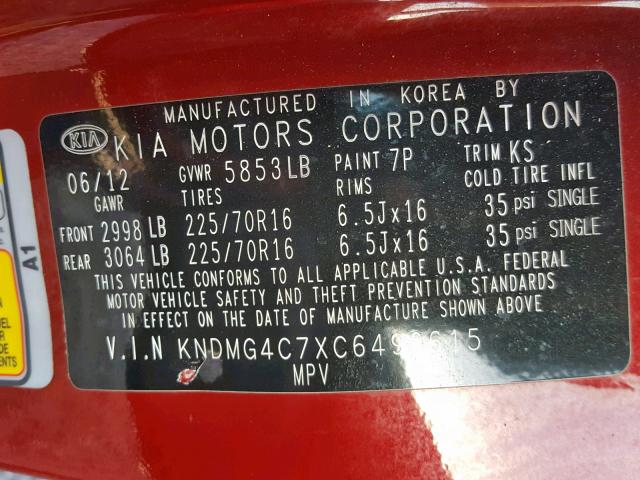 KNDMG4C7XC6499615 - 2012 KIA SEDONA LX RED photo 10